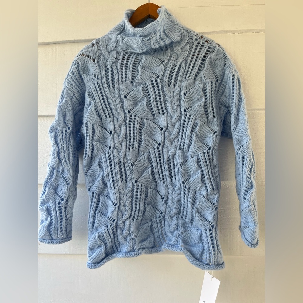 OP Light Blue Cable Hand Knit Mock Neck Acrylic Sweater Womens M NWT